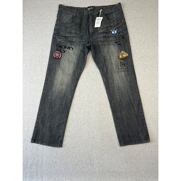 Born Fly Jeans Mens 44x33 Black Discharge Baggy Leg Patches Y2K Streetwear - Picture 1 of 10